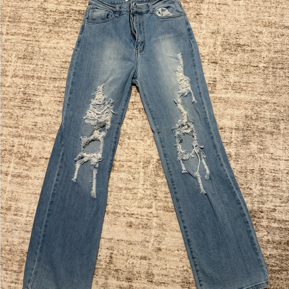Vibrant Light Blue Distressed Flare Jeans